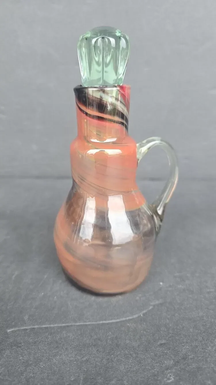 Hand Blown Studio Art Glass Handled Cruet Bottle w/ Stopper Swirl Green Mini